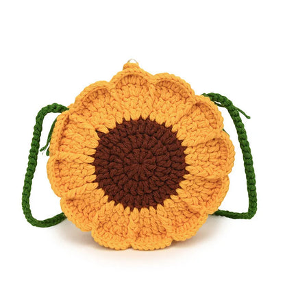 Hand-woven round bag with wool crochet flowers and cotton lining