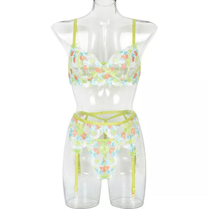 Apple green floral mesh underwear set with steel ring accents for body shaping