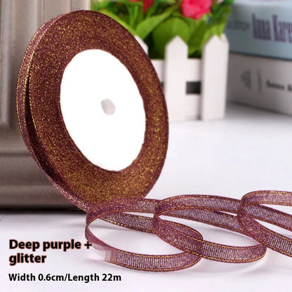 Polyester gift packaging bow ribbon showing 0.6cm width and colour options including gold leaf and metallic variations