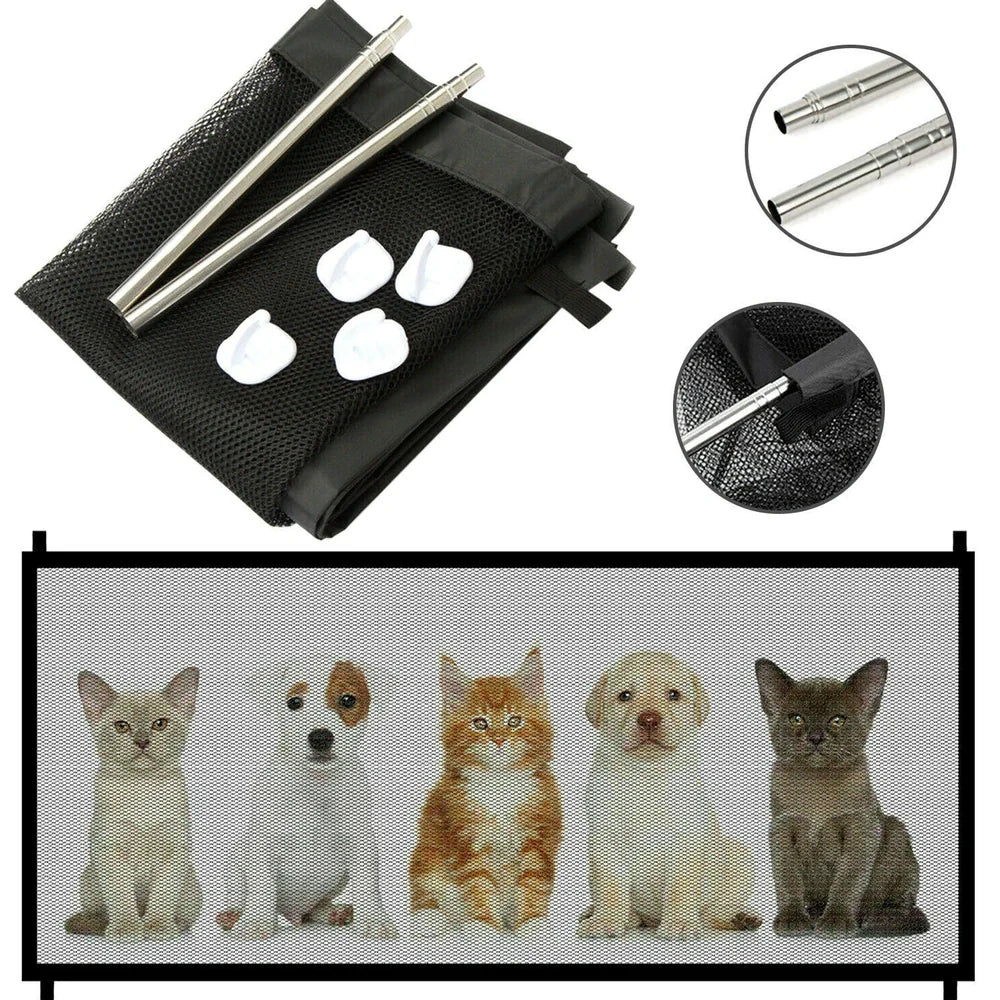 Black portable safety gate with woven nylon mesh stretched between stainless steel poles for doorway or stair protection