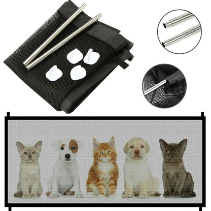 Black portable safety gate with woven nylon mesh stretched between stainless steel poles for doorway or stair protection