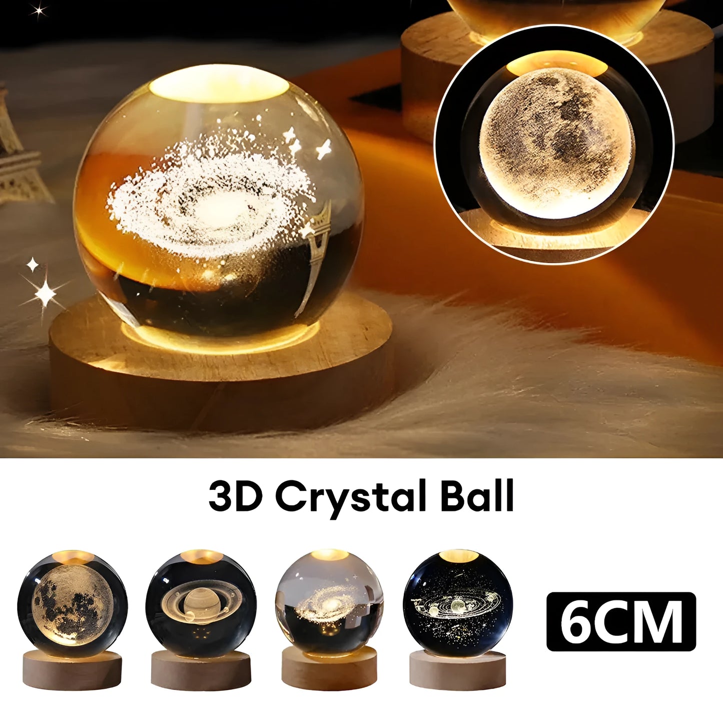 Crystal ball night light projecting 3D starry sky and planets with solid wood base