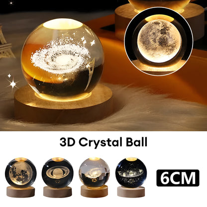 Crystal ball night light projecting 3D starry sky and planets with solid wood base