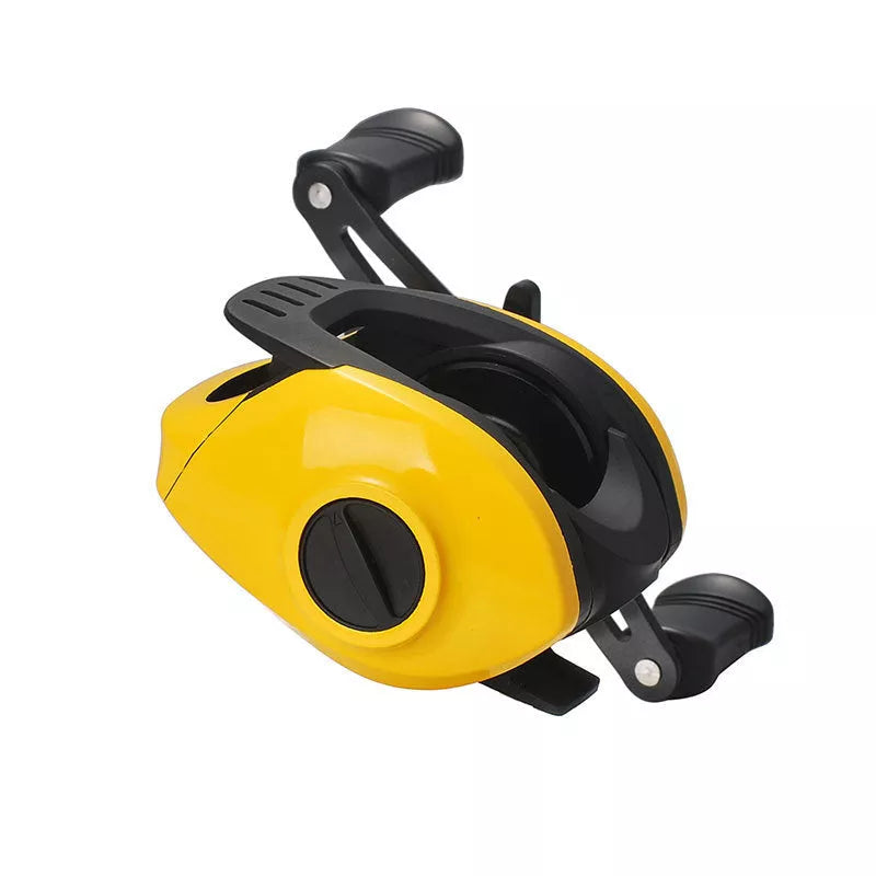 Small Yellow Water Drop Wheel Fishing Reel with shallow line cup option