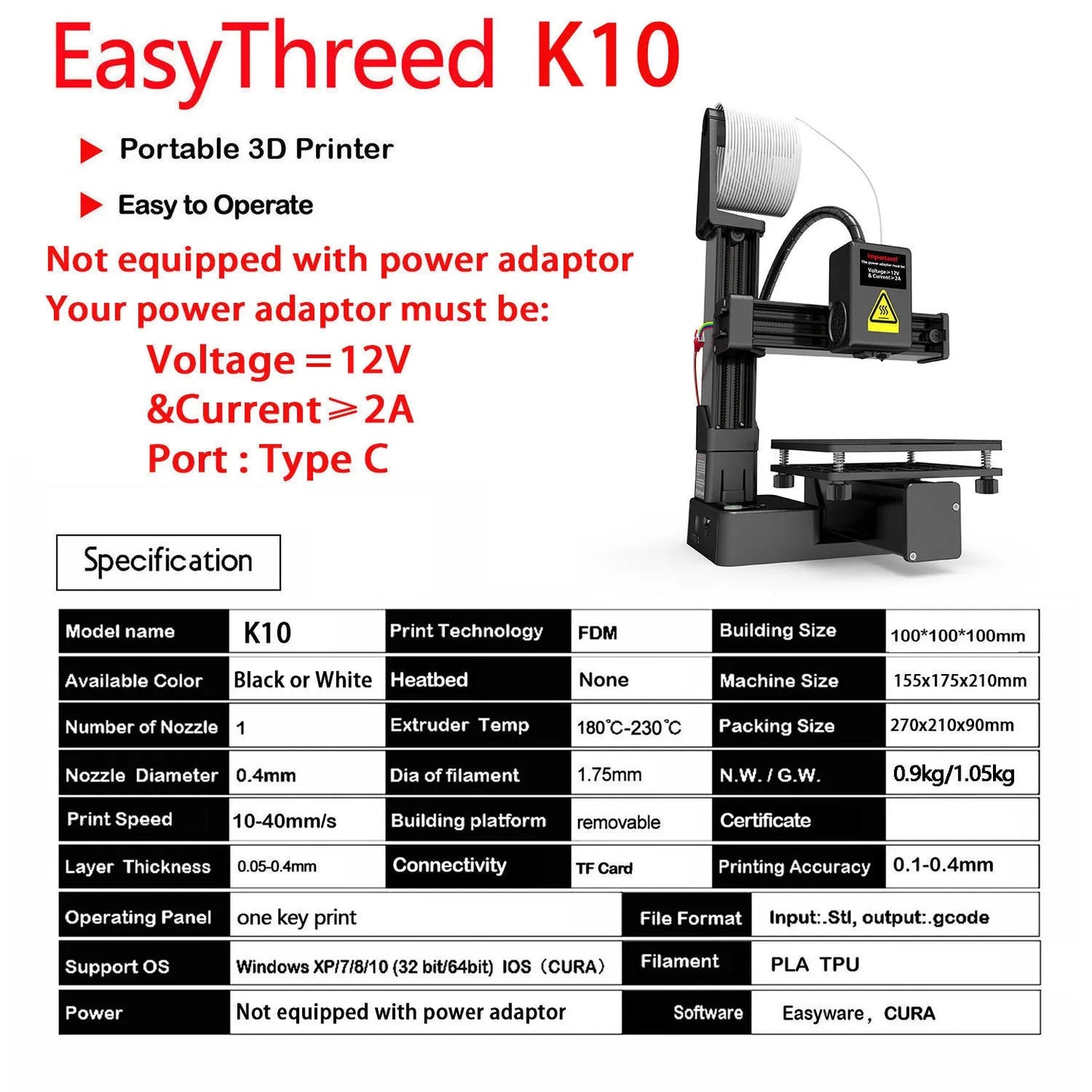 White EasyThreed K10 3D printer on a desktop with power cord and instruction manual