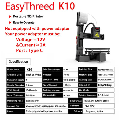 White EasyThreed K10 3D printer on a desktop with power cord and instruction manual