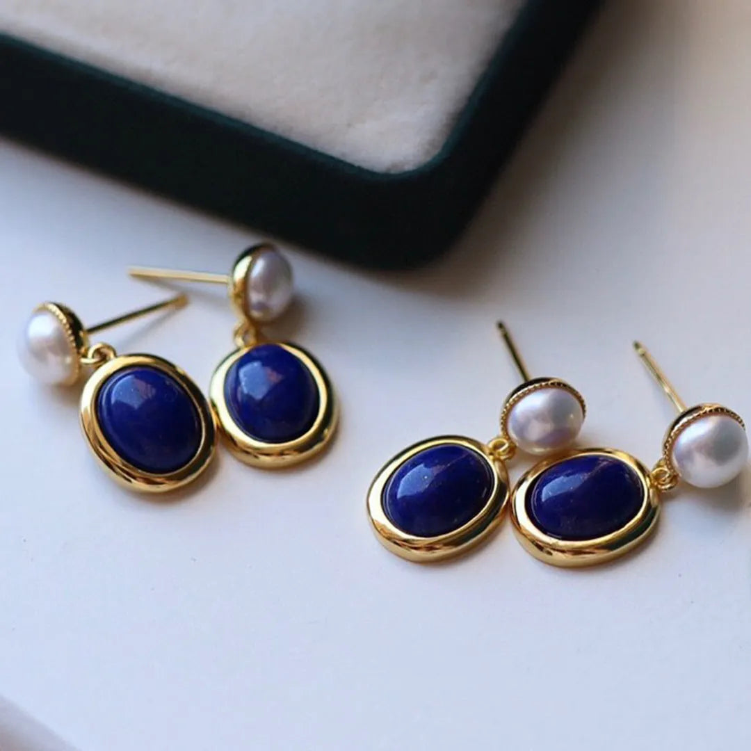 Natural lapis lazuli pearl earrings with 925 sterling silver and etched auspicious patterns