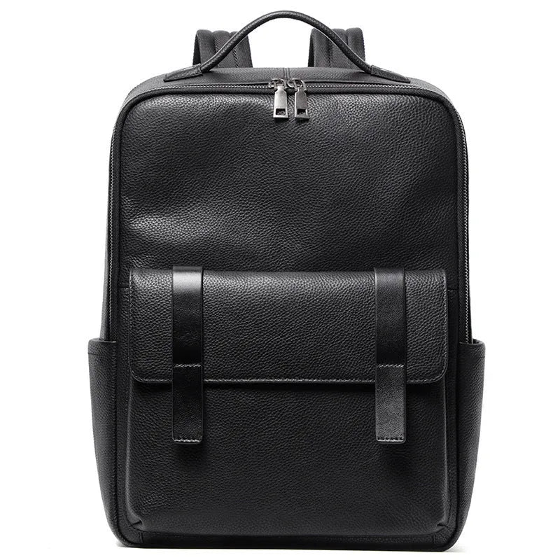 Men's genuine cowhide leather computer backpack in black with 36-55 litre capacity
