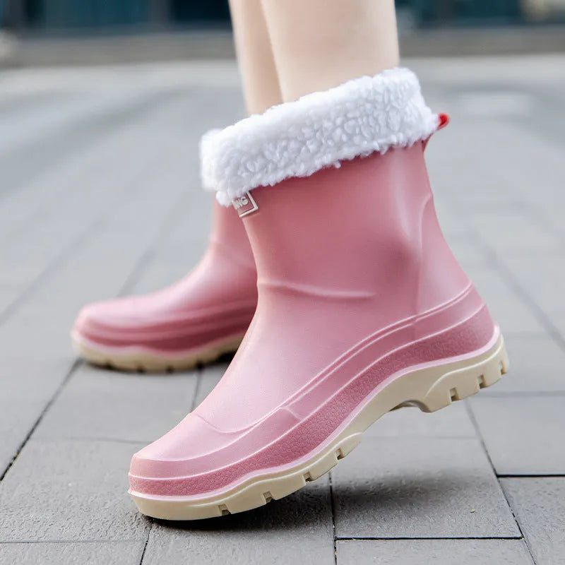 Women's low-cut white waterproof plastic shoes with a non-slip rubber sole on a plain background.