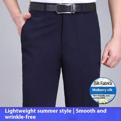 Men's dark blue high-waisted straight-leg non-ironing trousers made from a silk blend fabric.