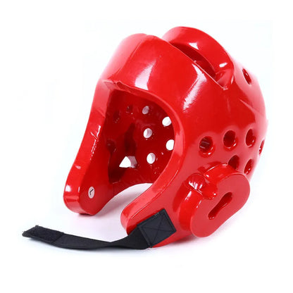 Red and blue karate protective gear set showing helmet, boxing gloves, and leg guard.
