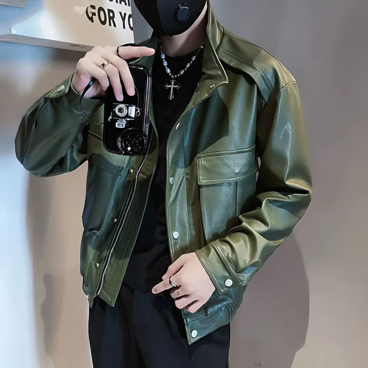 Men's black PU leather pilot jacket with side pockets and straight hem, Korean style.