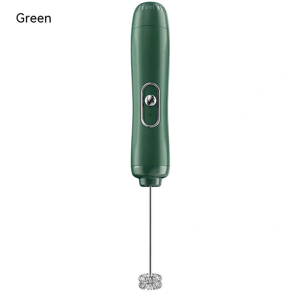 Battery-powered handheld milk frother in retro green, black, or white with stainless steel whisk