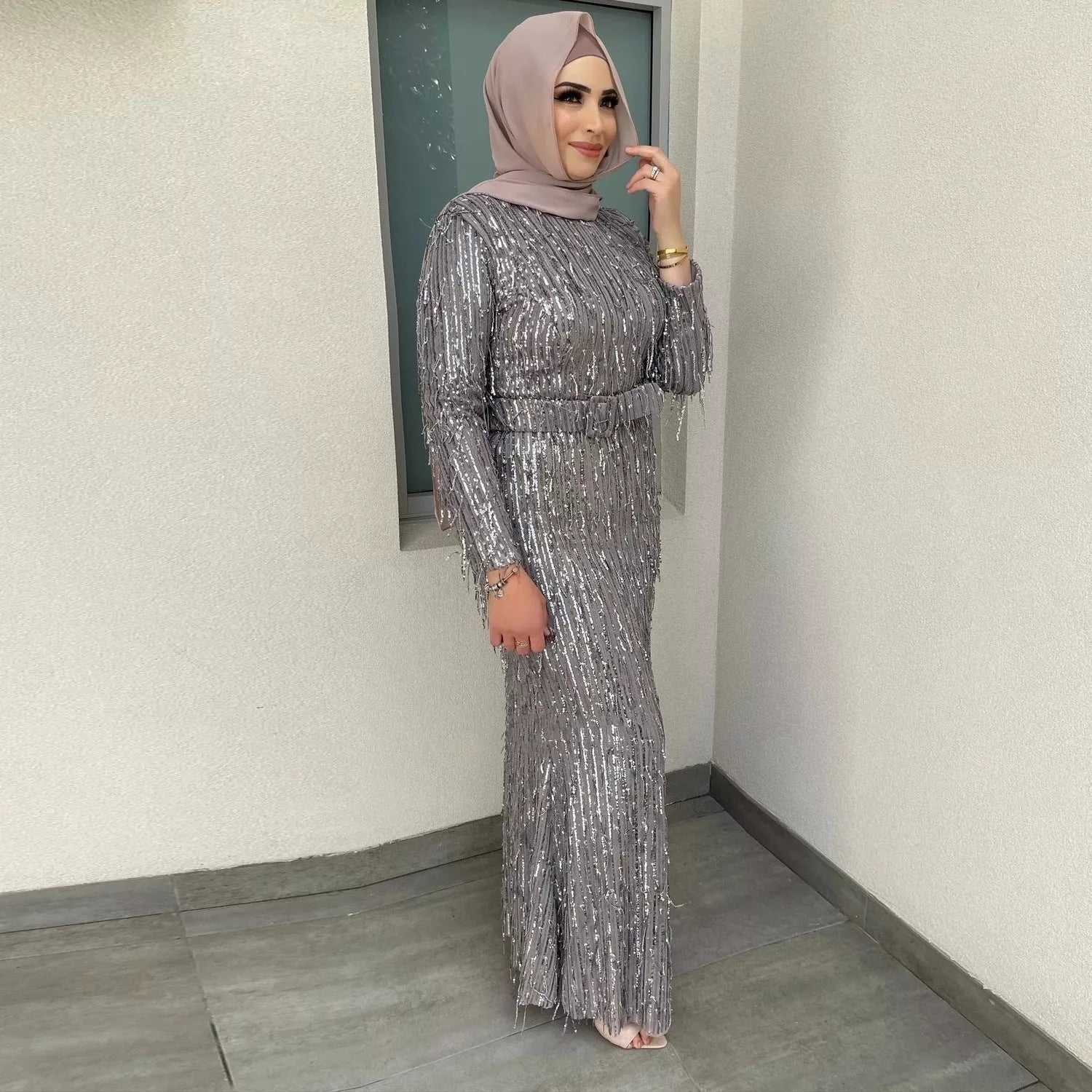 Sequin Tassels Slim-fit Muslim Dress in gold and silver with unique detailing