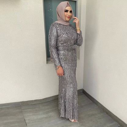 Sequin Tassels Slim-fit Muslim Dress in gold and silver with unique detailing