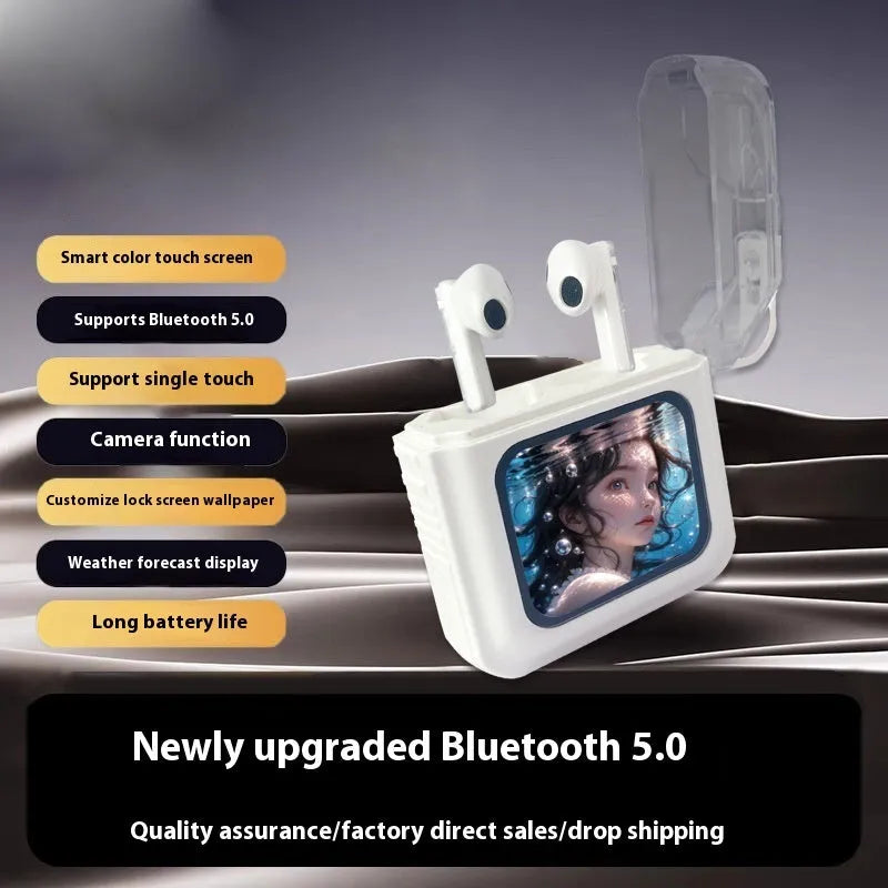 Grey and white Bluetooth headsets with colour display screens and in-ear design