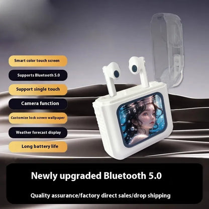 Grey and white Bluetooth headsets with colour display screens and in-ear design