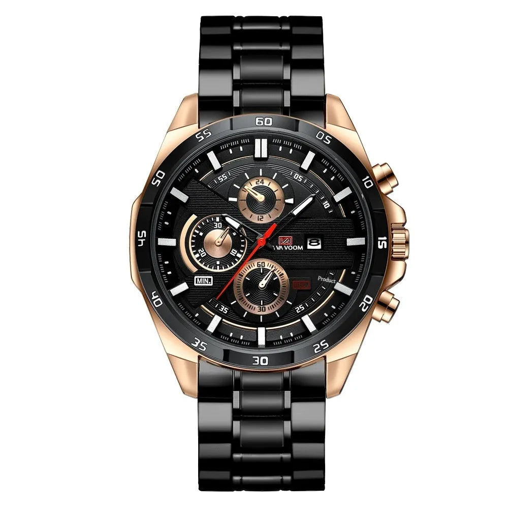 Men's business calendar waterproof quartz watch showing nine colour variants with 10mm thickness