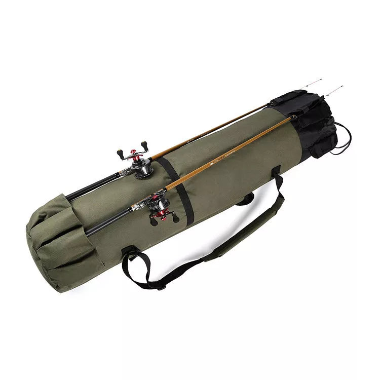 Cylindrical fishing bag for rods and gear in black or army green