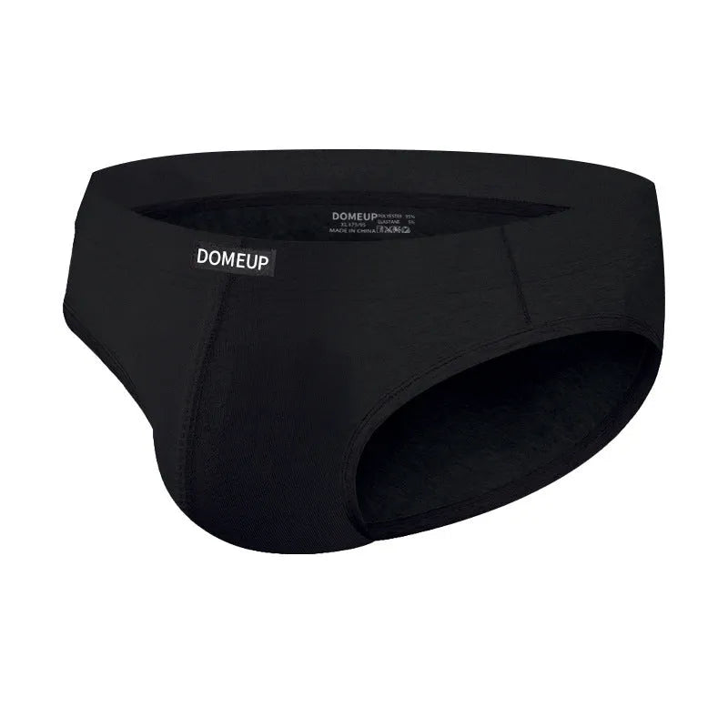 Men's solid colour seamless briefs in low waist style shown in black, white, and pink.