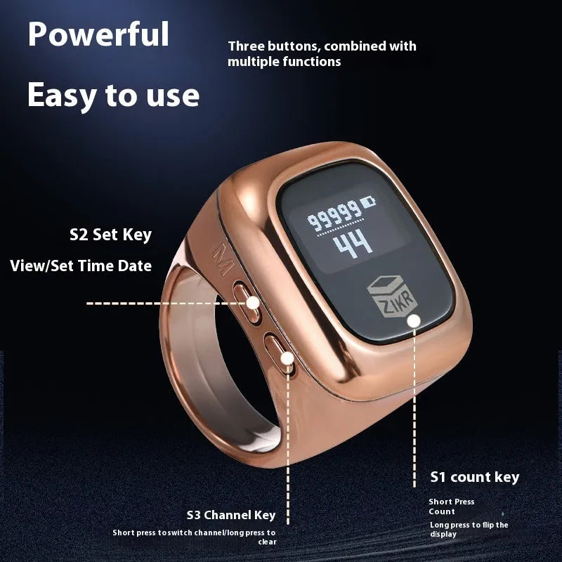 Al-Fatiha black electronic zikr counter on wrist showing digital display, with rose gold and silver colour options visible.