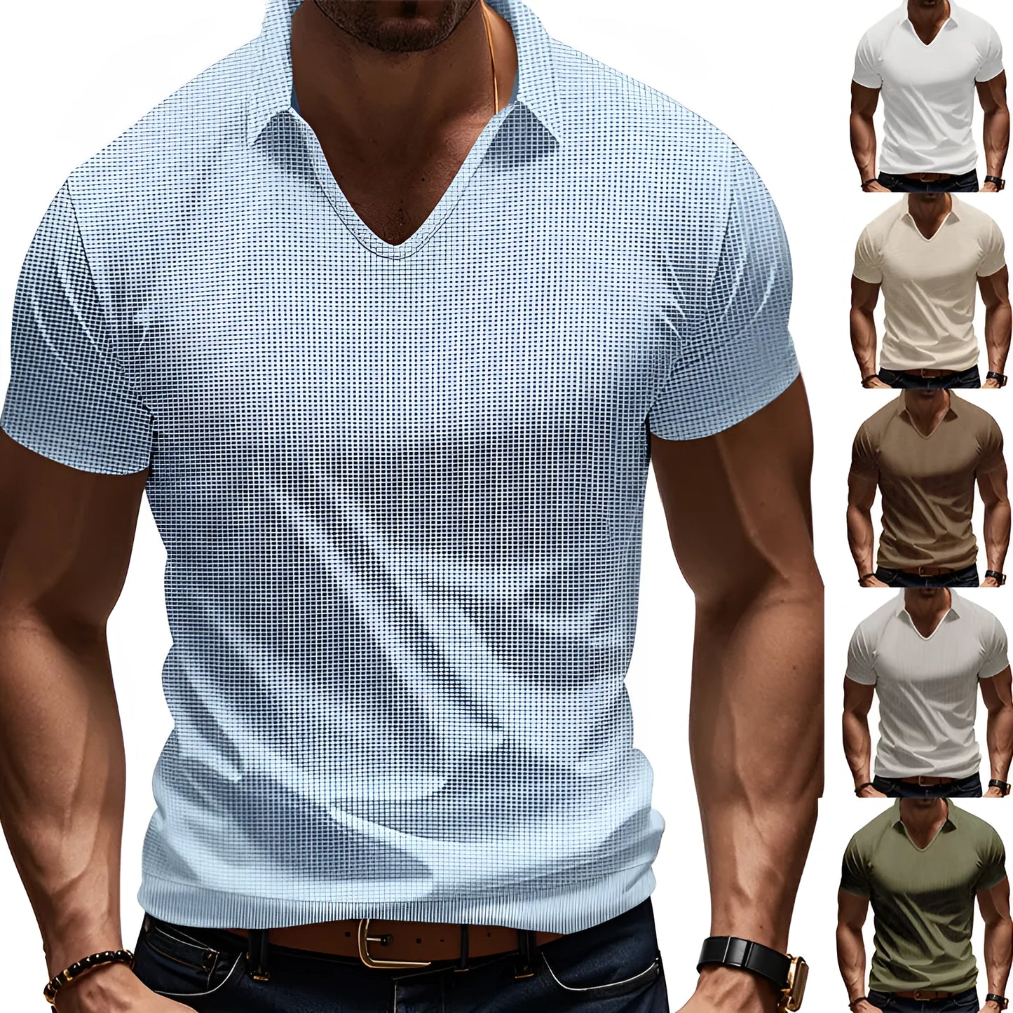 Men's loose fit light grey V-neck short sleeve T-shirt laid flat