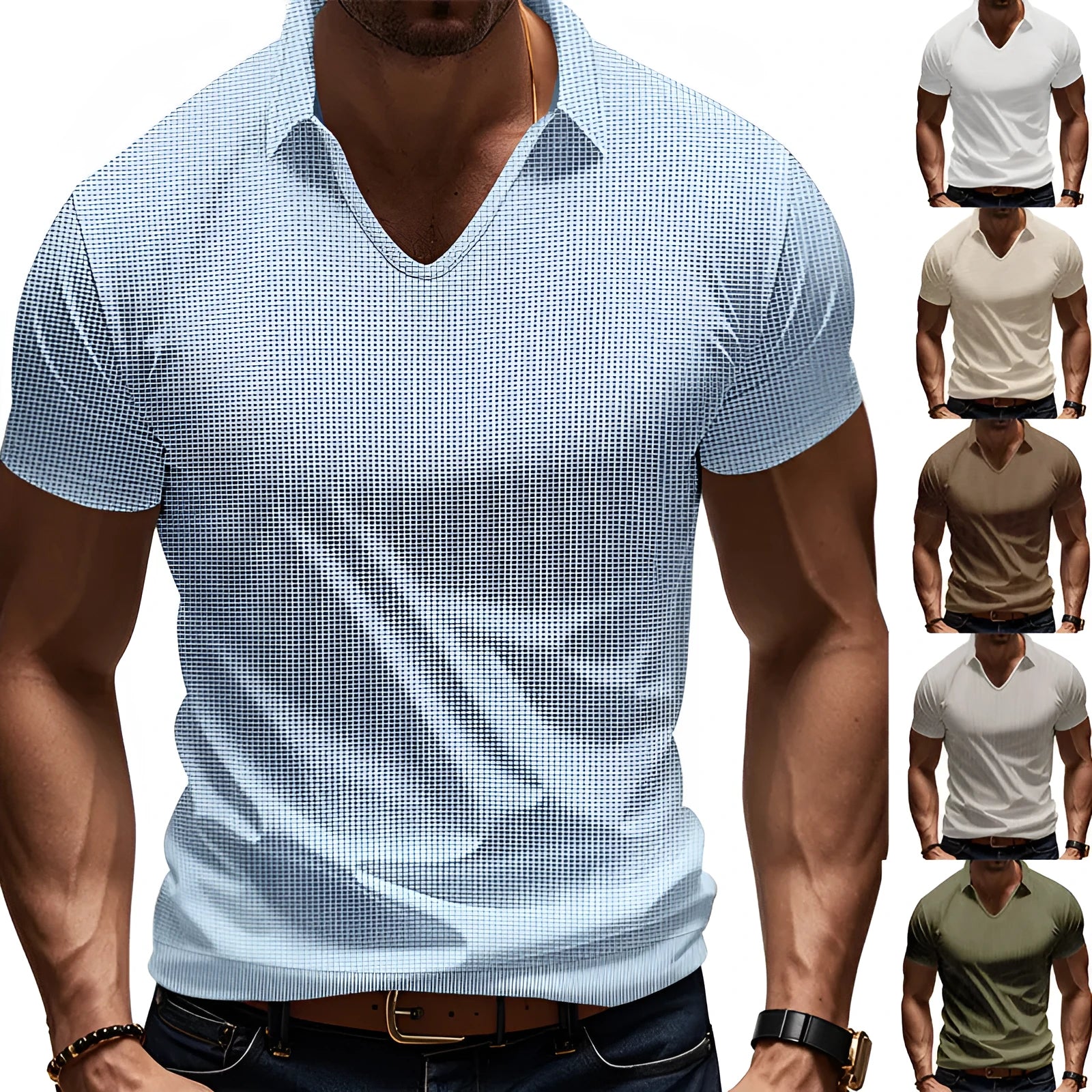 Men's loose fit light grey V-neck short sleeve T-shirt laid flat