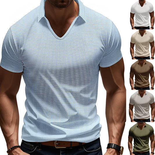 Men's loose fit light grey V-neck short sleeve T-shirt laid flat