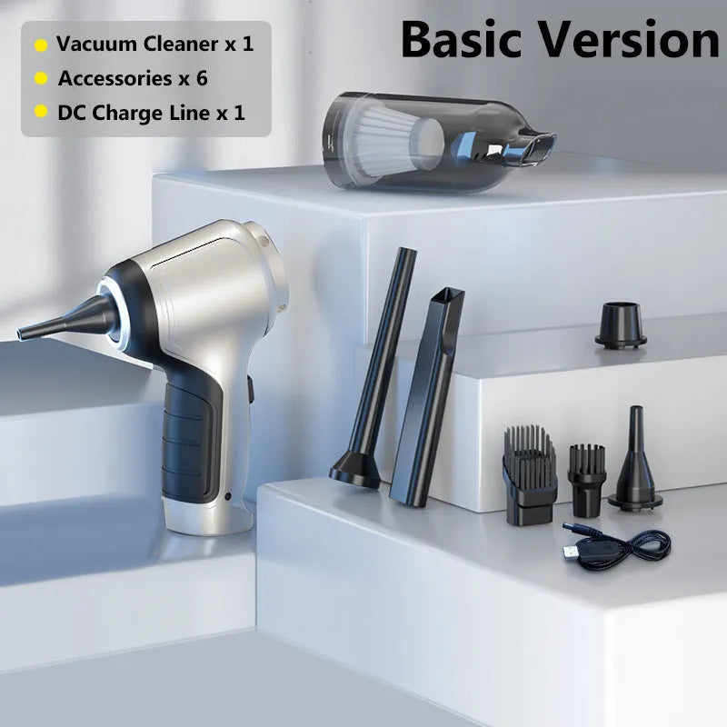 Brushless handheld and vertical car vacuum cleaner with 12000Pa suction, shown with optional EVA storage bag.