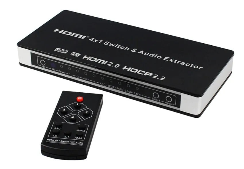 Black HDMI audio-video switch with remote control showing four inputs and one output