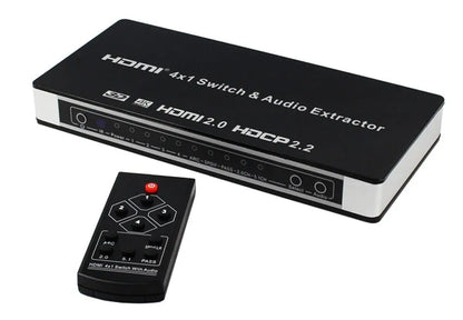 Black HDMI audio-video switch with remote control showing four inputs and one output
