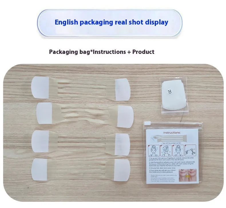 Skin tone neck firming adhesive tape with four straps and twenty patches in packaging