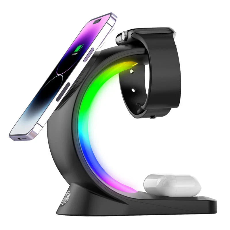 4-in-1 Magnetic Wireless Charging Station with RGB Atmosphere Light, Compatible with Smartphones, AirPods, and Apple Watch