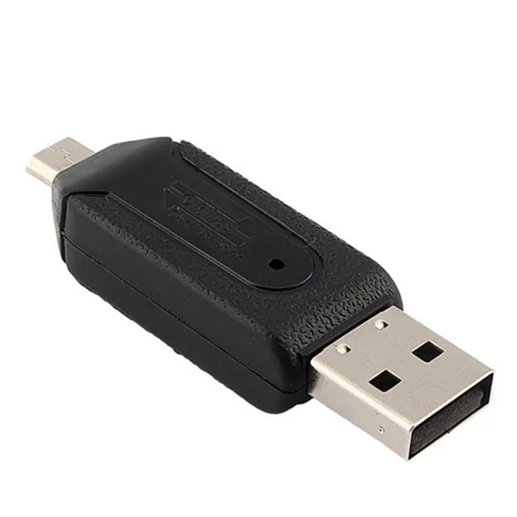 White OTG card reader with USB and micro USB connectors for SD and TF memory cards.