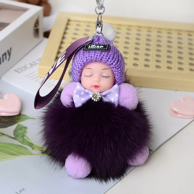 Hand-woven fox fur sleeping doll keychain pendant with optional bow