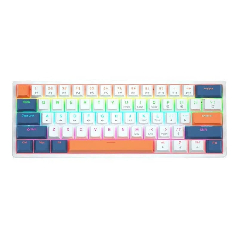 Small white 61-key mechanical keyboard with hot-swappable sockets and a black USB cable.