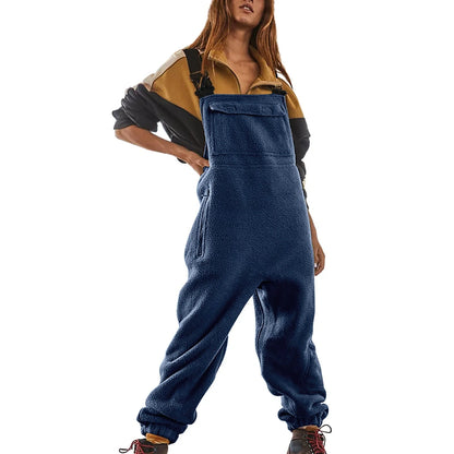Premium polar fleece jumpsuit in various colors, featuring adjustable suspenders and a wide waistband for a customized fit.