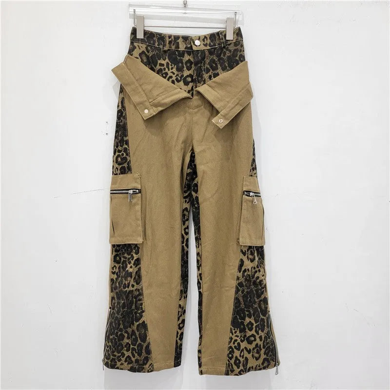 Dark khaki leopard print high waist straight leg jeans with faux stitching tooling design