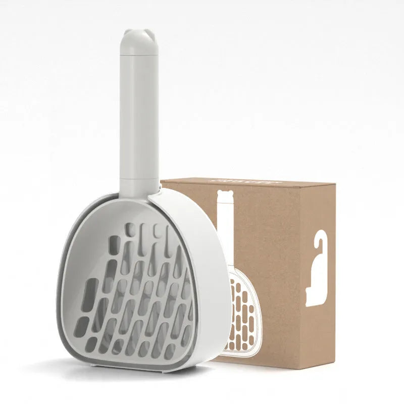 White ABS plastic cat litter scoop with storage base and hidden bag compartment