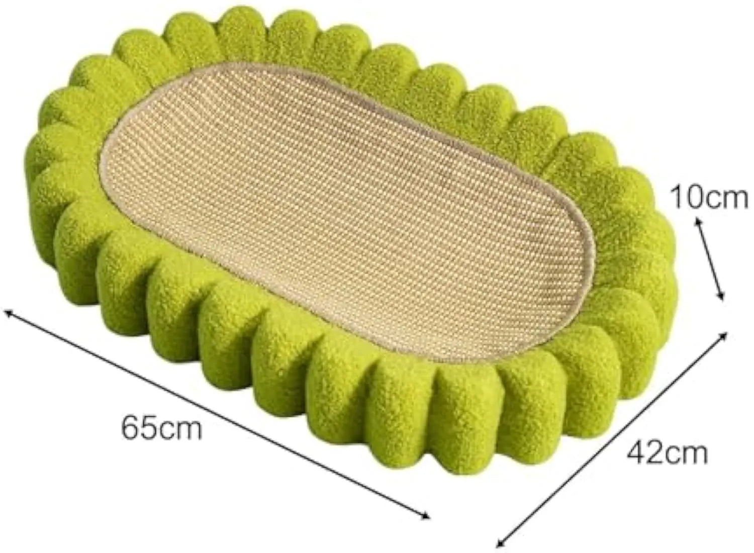 Green oval-shaped sisal cat scratching pad with a central bowl, serving as a cat bed and furniture protector.