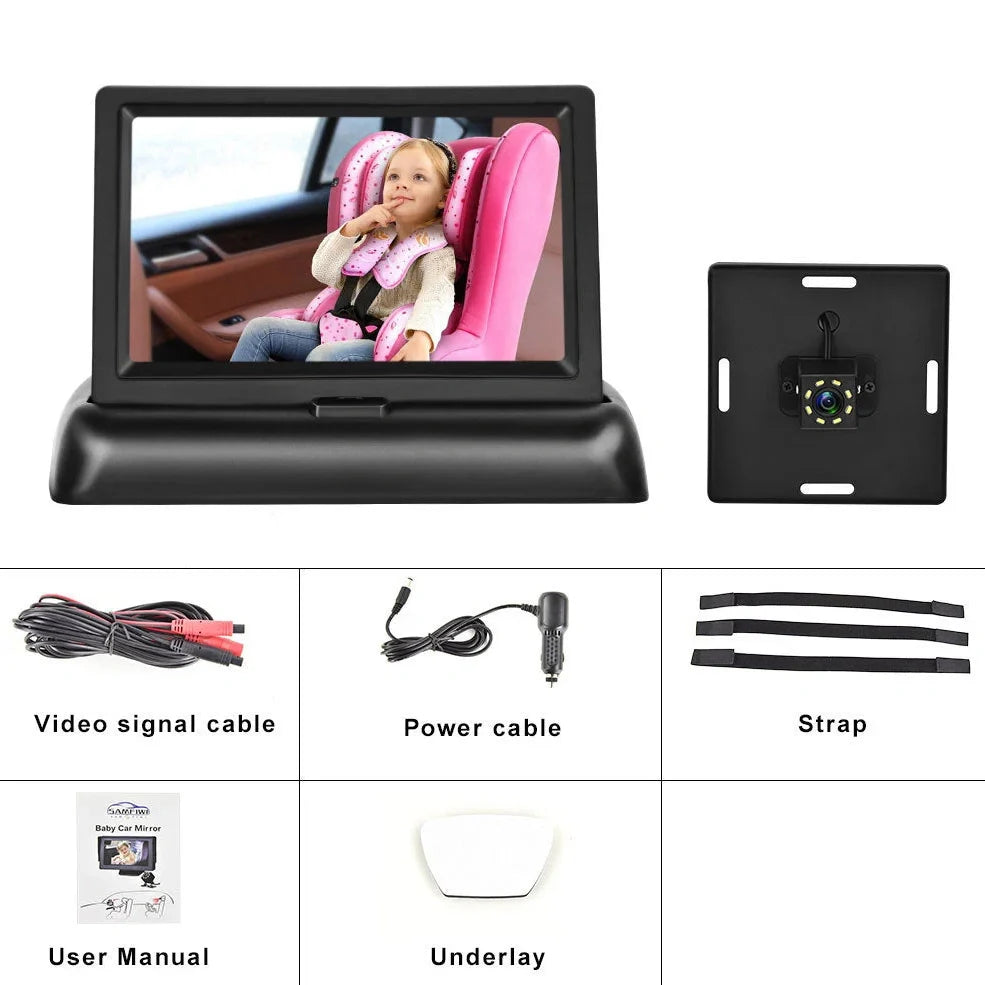 Black folding baby monitor with 4.3-inch screen and rear camera for car installation