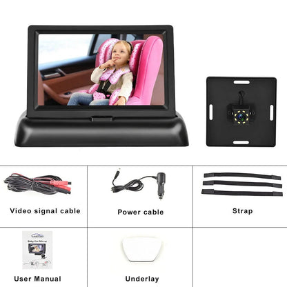 Black folding baby monitor with 4.3-inch screen and rear camera for car installation