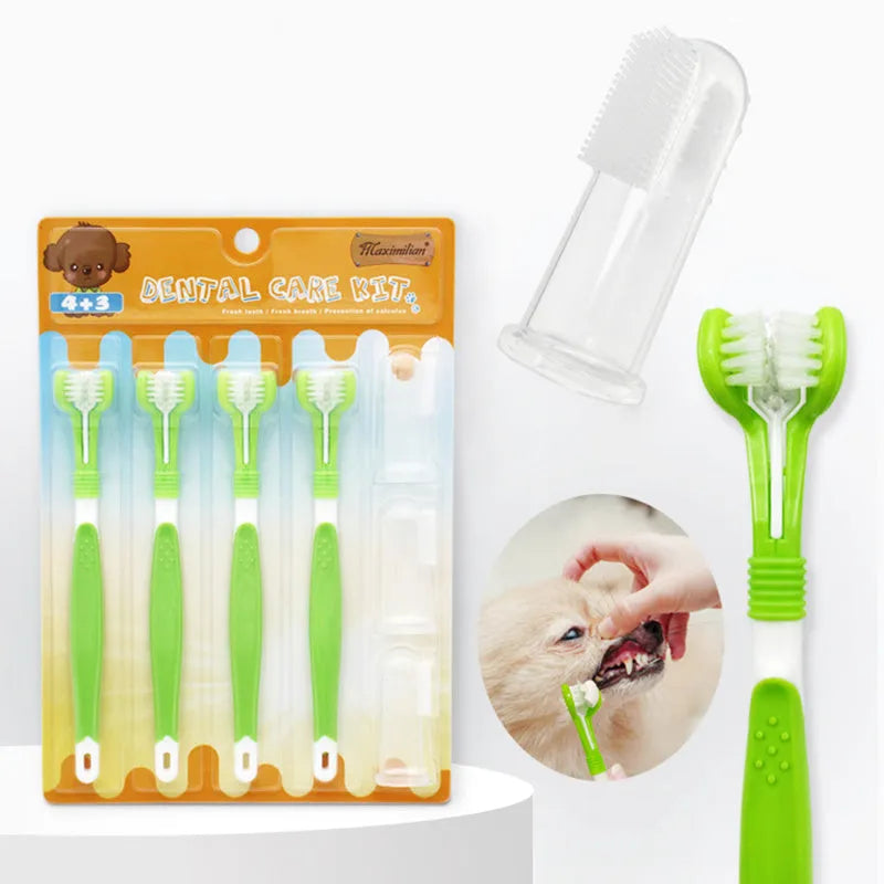 Green pet toothbrush set with three-head dog toothbrush and silicone finger brushes