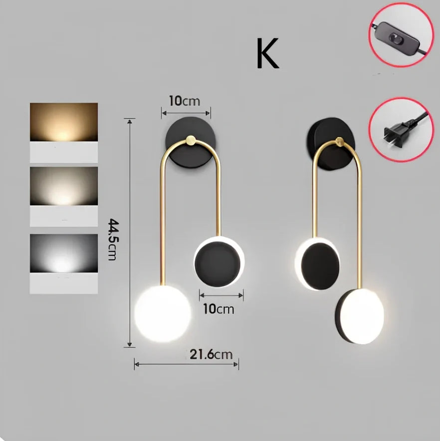 Nordic wall lamp with black gold finish and LED lighting, mounted beside bed with dimming controls