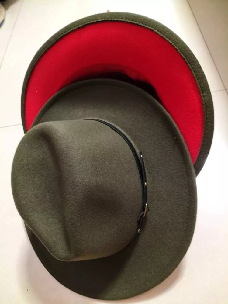 Woolen flat brim fedora jazz hat in black and red, perfect for winter warmth and style