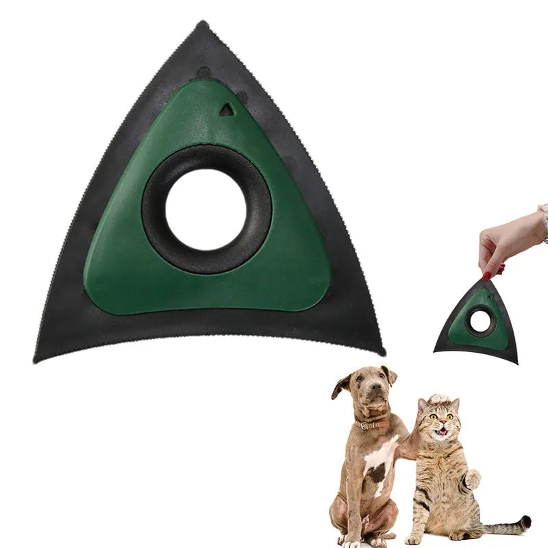 Triangular ABS pet hair remover brush in red, green or orange with bow-shaped handle and three gear densities