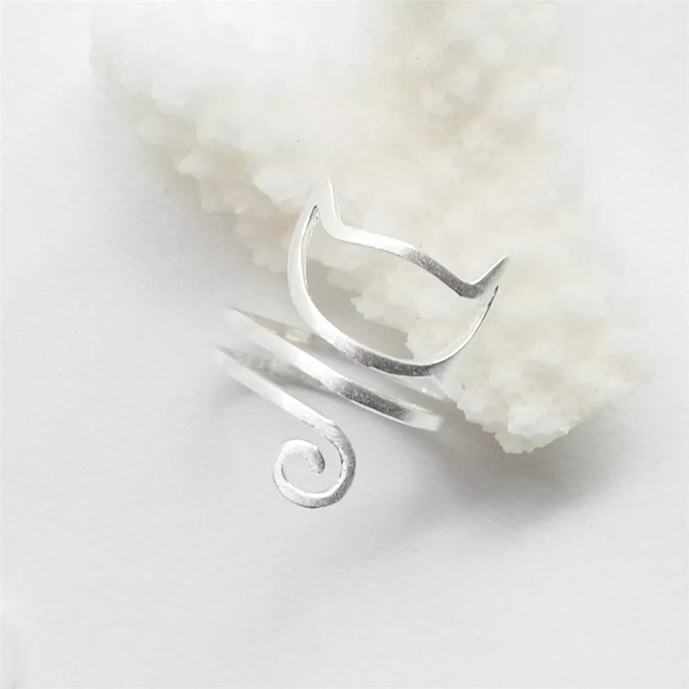 S925 Silver Personalized Winding Brushed Cute Cat Ring with adjustable opening