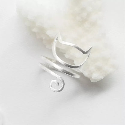 S925 Silver Personalized Winding Brushed Cute Cat Ring with adjustable opening