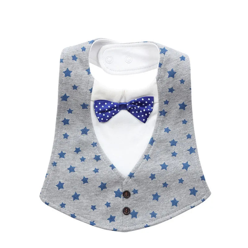 Adjustable baby bow tie bib in four-layer waterproof design, free size, shown in a choice of colour prints