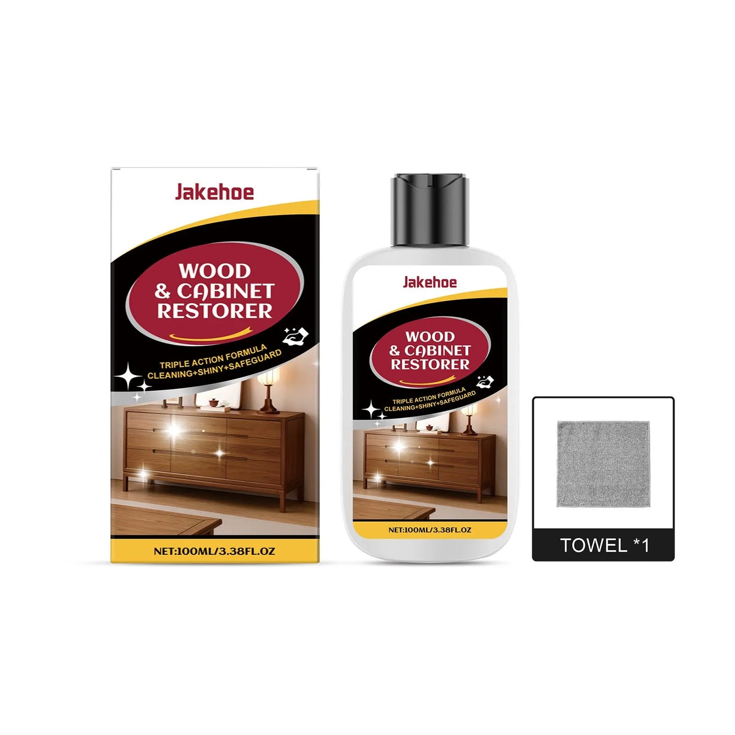 100ml wooden furniture scratch care agent bottle and white microfibre polishing towel on a wooden table.